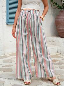 SHEIN Pink Maternity Casual Striped Print Wide Leg Pants For Women,High Waist Tie-Front Loose Bohemian Trousers Boho Long Holiday Beach Autumn Pants - Multicolor - View 6