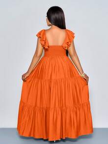 SOLERSUN Vestido maxi elegante de verano para mujer de talla grande, de unicolor, con cuello halter en V, plisado, corte evasé, fluido y elegante, ideal para vacaciones, playa y primavera y verano - Naranja - Ver 2
