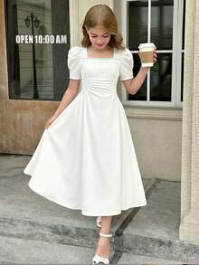 SHEIN 少女白色优雅方领褶皱腰身短袖中长连衣裙 - 白色 - 查看 8