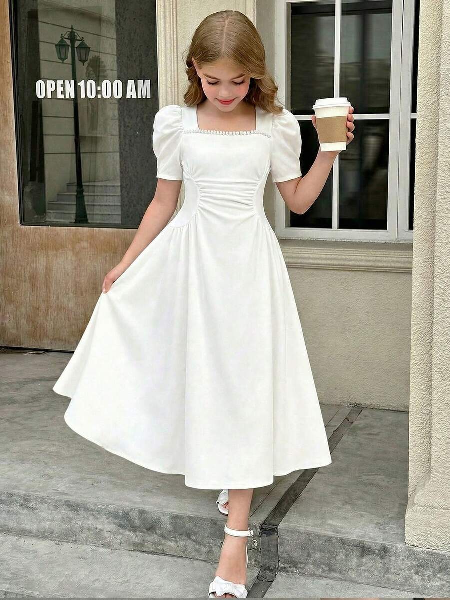 SHEIN Tween Girls' White Elegant Square Neck Ruched Waist Short Sleeve Midi Dress - White - View 1