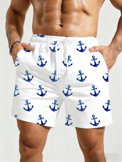 CoralVoy 男士锚图案抽绳腰带口袋沙滩短裤