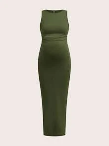 SHEIN 3pcs Maternity Solid Color Ruched Casual Camisole Dress,Summer Dark Green Maternity Bodycon Long Dresses For Photoshoot,Pregnancy Tummy Control Dress - Multicolor - View 7
