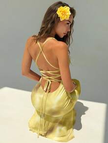 Aloruh Đầm hở lưng cổ yếm in hoa thanh lịch dành cho nữ - Màu vàng - Xem 2