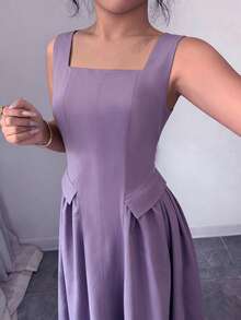 Elenzga Women's French Elegant Square Neck Fitted A-Line Pleated Hem Dress - Purple - View 6