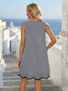 EMERY ROSE 女士度假风格子荷叶边圆领短裙 - 黑與白 - 查看 2