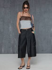 COUREZ Low Rise Oversized Skate Jorts With Seaming Detail In Rinse Black Denim /Y2K Summer Clothes For Women Summer Outfits For Women Festival Outfits Concert Outfits Summer Bottoms - Black - View 3
