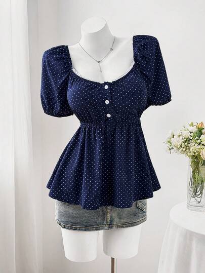 Sweetra Áo cánh tay ngắn in họa tiết chấm bi cổ vuông thoải mái cho nữ cỡ lớn