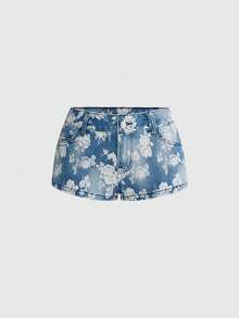 ROMWE Quần short denim nữ mùa hè mới, quần jeans co giãn in họa tiết, kiểu dáng thời trang thường ngày. - Màu xanh ngọc - Xem 1