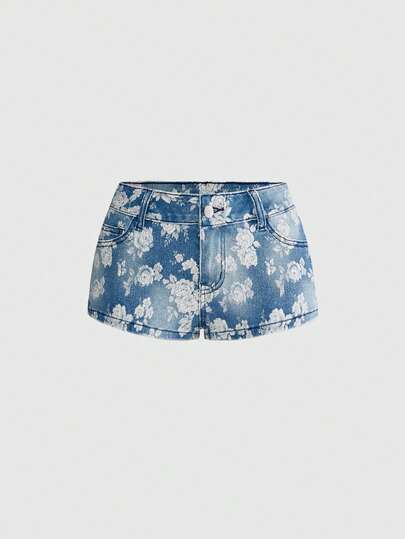 ROMWE 夏季新款女士牛仔短裤，印花弹力牛仔裤，时尚休闲