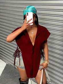 Maweii Plus Size Turndown Collar Hidden Placket Side Hollow Bow Tie Elegant Sexy Blouse - Burgundy - View 4