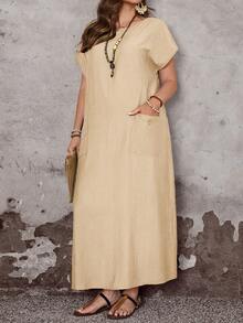 EMERY ROSE Plus Size Women's Summer Boho Vacation Holiday Khaki Dress,Round Neck Short Sleeve Loose Fit Flowy Long Dress With Pockets,Casual Solid Maxi Dress - Apricot - View 1