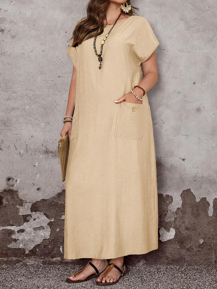 Plus Size Women's Summer Casual Vacation Country  Round Neck Short Sleeve Pocket Loose Apricot Long Dress,Plus Size Women's Casual Vacation Solid Color Apricot Round Neck Short Sleeve Loose Fit Basic Dress With Pockets,, Summer Holiday,Spring Break Outfits ,Vacation Outfits Women ,Holiday Outfits For Women,Spring Dress Women,Going Out Outfits,2026 New Clothes,Simple And Fashionable For Everyday Wear,Casual Vacation Boho Dress,,Flowy Dress,Holiday Outfits Boho,Casual,Flowy Long Dress ,Suitable For Summer, Vacation, Commute, Daily Wear, Apricot Summer Dress Women Casual Long Dress