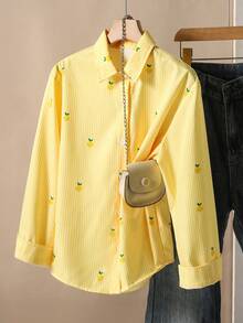 1pc Tween GirlsTurndown Collar Long Sleeve Cardigan Striped Shirt With Embroidered Pattern, Casual Blouse For Autumn - Yellow - View 8