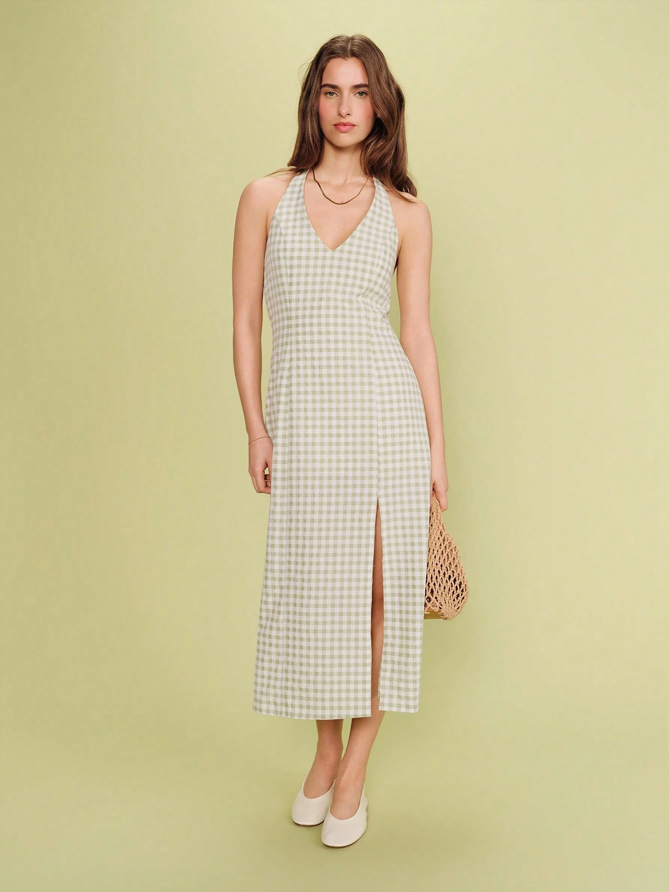 Sage Green Gingham Halter Neck Midi Dress With Deep Slit And Princess Seams Gingham Summer Dress Casual Holiday Dress French Style Vacation Dress