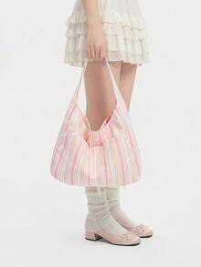 ROMWE Kawaii Túi tote vải cỡ lớn dành cho nữ, túi đeo vai, túi xách vải kẻ sọc kiểu dáng thường ngày, màu hồng. - Hồng - Xem 2