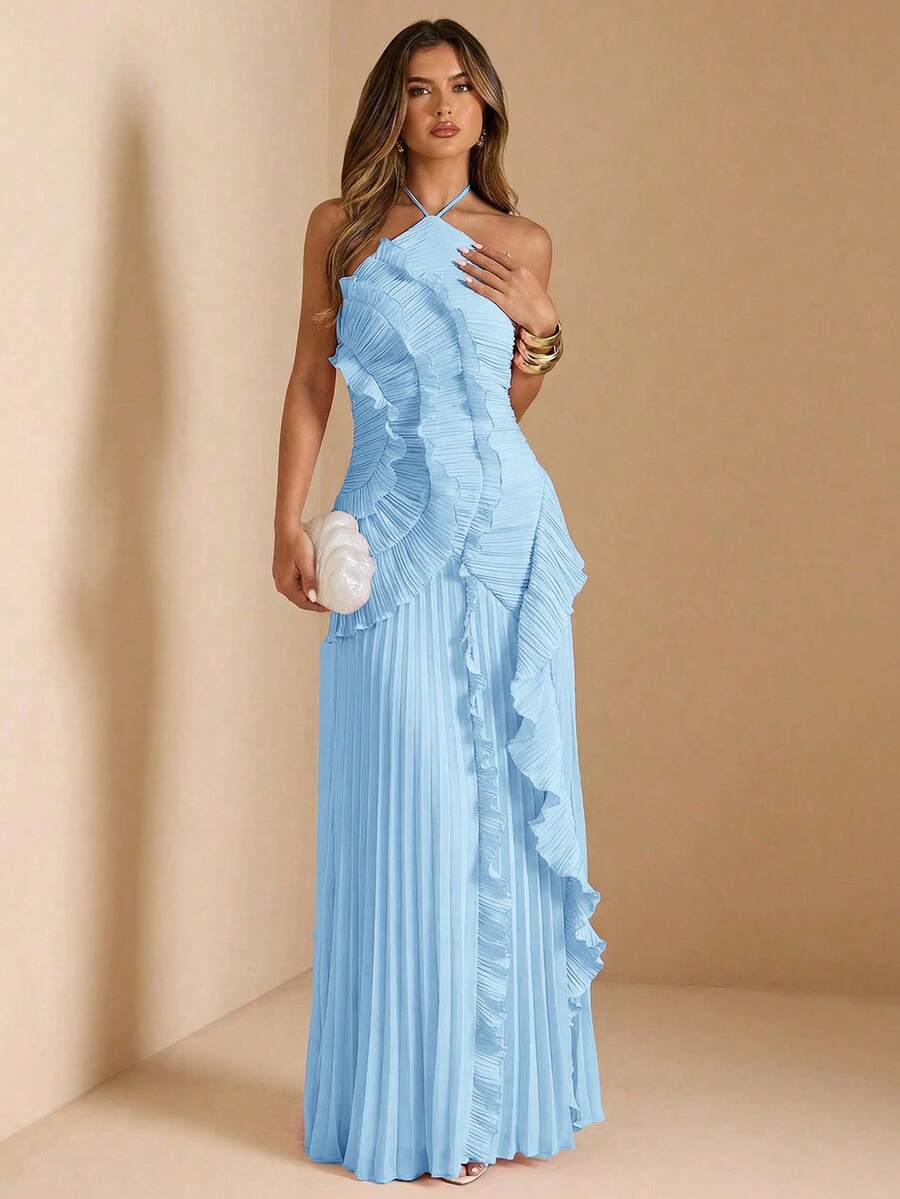 SHEIN BAE Women's Pink Halter Neck Pleated High Slit Dress, Suitable For Wedding Guest, Valentine's Day, Spring/Summer - Baby Blue - View 1