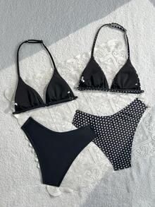 SHEIN 4pcs/Set Teen Girl Summer Beach Vacation Polka Dot Pattern + Solid Black Camisole Bikini - Black - View 2