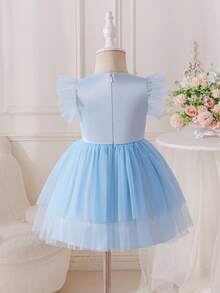 Glamorique Kids Đầm dự tiệc mùa xuân/hè mới cho bé gái, chất liệu satin trơn phối lưới tương phản, nơ 3D, tay áo xòe, chất liệu voan. - Màu xanh lam - Xem 2