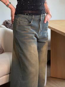Abrilcols Women's Casual Loose Fit Pockets Flared Leg Jeans - Brown - View 5