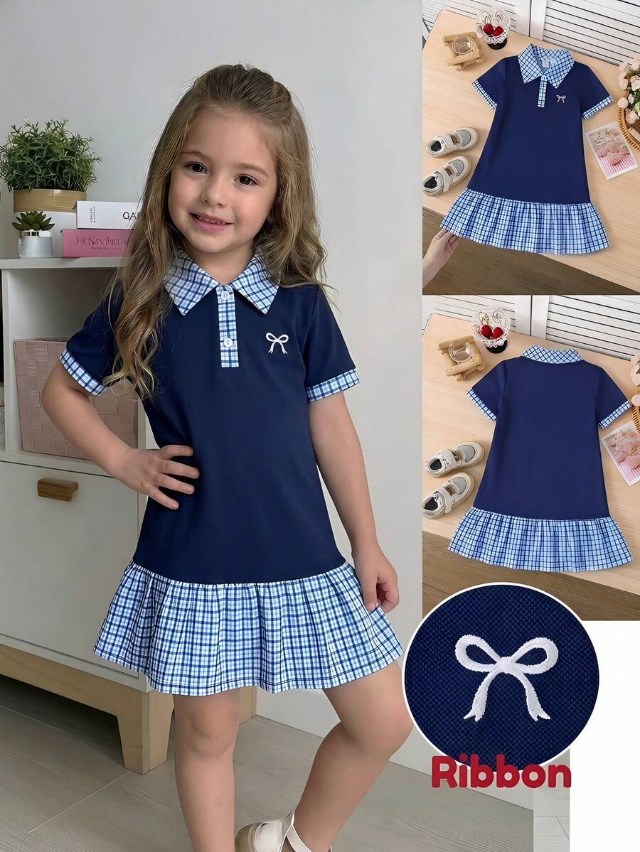 SHEIN 女童拼布格子 Polo 领短袖休闲连衣裙 - 彩色 - 查看 1