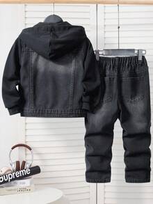 2pcs Young Boy Denim Set,Knit Contrast Patchwork Casual Fashion Outfit,Retro Black Stylish 2-Piece Set,Autumn,Career Day,Back-To-School,Loose Street - Black - View 2