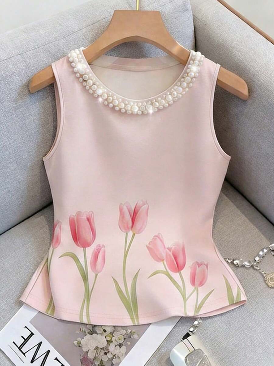 SHEIN LUNE 女士夏季法式珍珠领郁金香印花亮面优雅吊带背心,适合约会、休闲、办公、下午茶、母亲节、教师节等场合。 - 粉色 - 查看 1