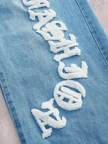 Skyrend 男士字母印花破洞直筒牛仔裤，休闲街头风格，emo 风格 - 中等水洗藍 - 查看 5