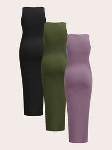 SHEIN 3pcs Maternity Solid Color Ruched Casual Camisole Dress,Summer Dark Green Maternity Bodycon Long Dresses For Photoshoot,Pregnancy Tummy Control Dress - Multicolor - View 2