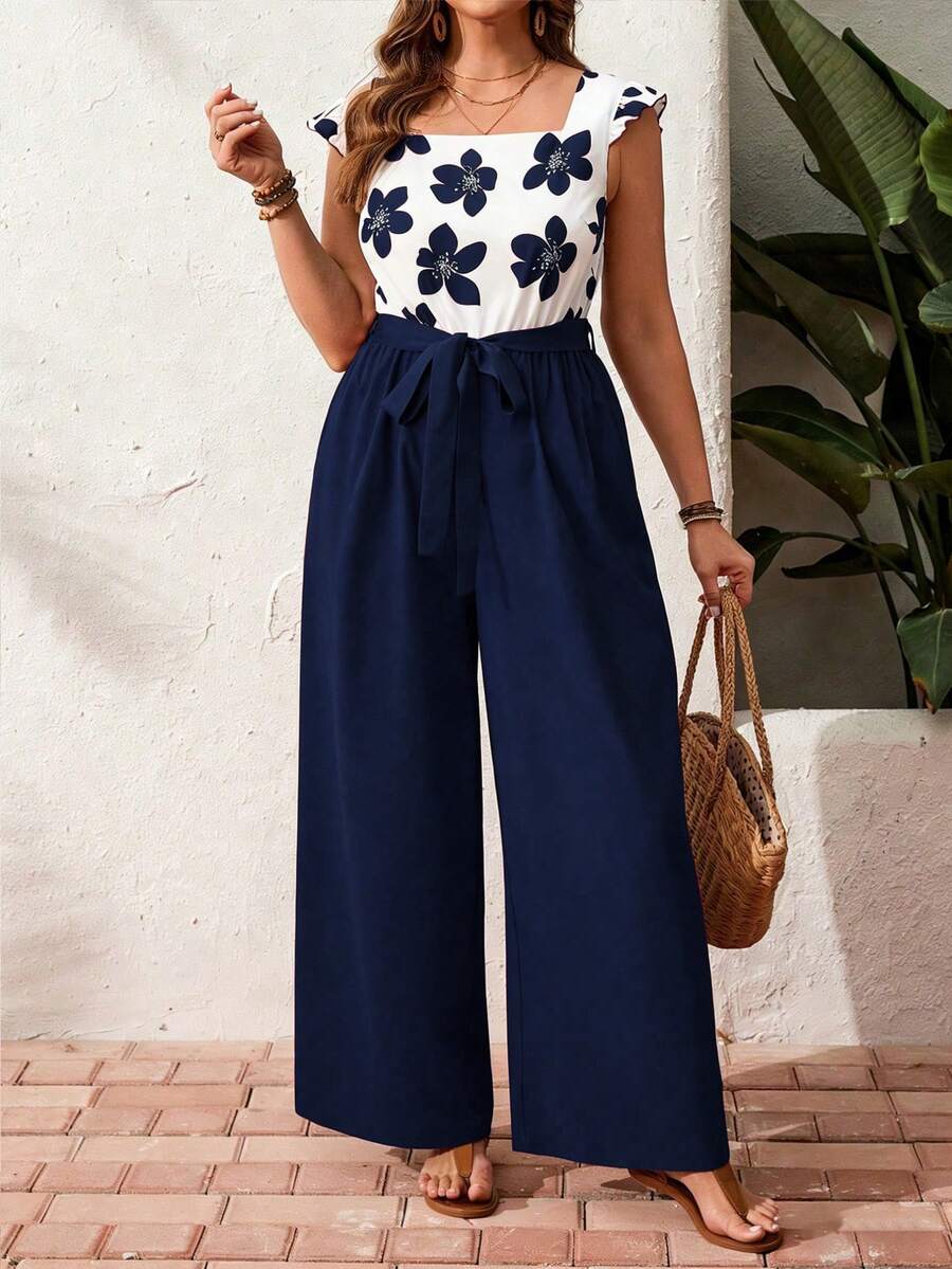 EMERY ROSE Plus Size Navy Blue Floral Print Boho Jumpsuit,Elegant ...
