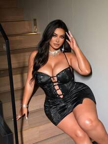NU&NOW Plus-Size Sexy Snakeskin Pattern Fabric Black Strapless Mini Dress With Eyelet And Rope Lacing Design On The Chest; Party Outfit; Sexy Girl Outfit. - Black - View 4