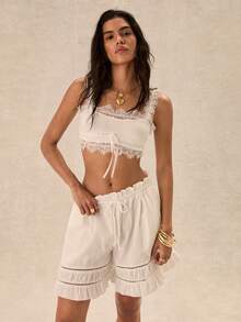 Easelle Camiseta sin tirantes de punto acanalado con parches de encaje estilo bohemio y lazo de mariposa para mujer - Blanco - Ver 5