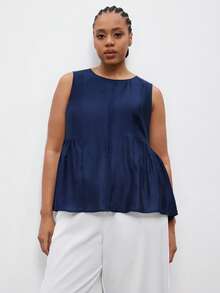 Maija 大码女式藏蓝色无袖背心，舒适柔软梭织面料，圆领，宽松A字版型，现代都市时尚商务休闲办公装，高品质春夏服装 - 藏蓝色 - 查看 5