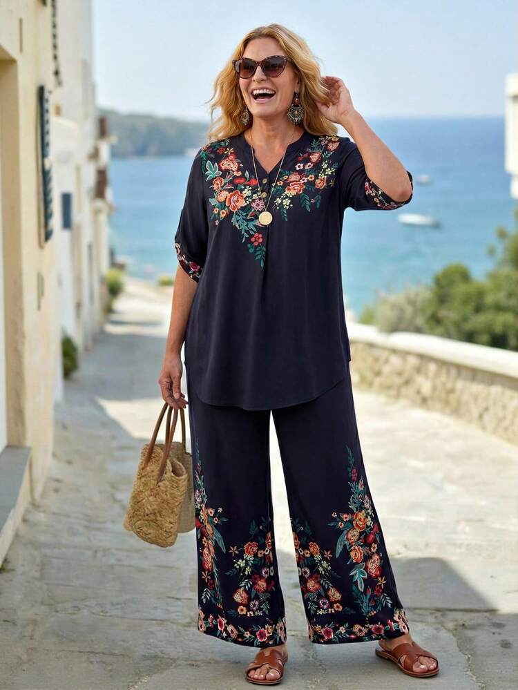 Plus Size Women Floral Print V-Neck Blouse And Pants Casual Vacation 2-Piece Set,Summer Outfit For Women,Spring Outfit Women, Casual Sets For Women,Holiday Outfits For Women, Summer Holiday Outfits Pant Suit Set Women Plus Summer Pants Sets For Women Plus Size Pants Set Two Pieces Set Women Plus Size Summer Women's Summer 2 Pieces Sets Women Vacation Outfit Sets Women Two Pieces Outfit Casual Women's Summer Outfits Women 2 Pieces Outfit Casual Women Summer 2 Pieces Sets Bohemian Outfit For Women Plus Size Women Clothes Two Pieces Sets Plus Size Pant Suits For Woman
