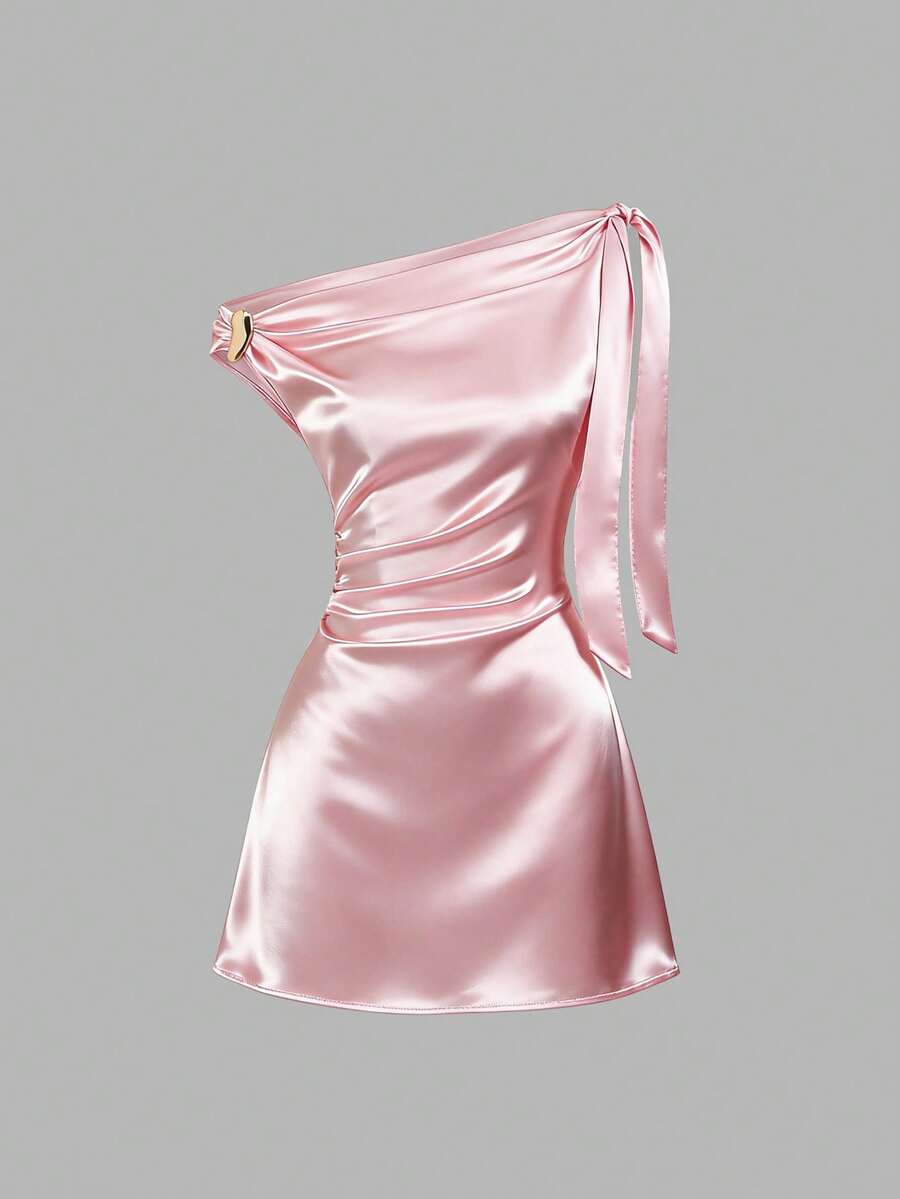 Sweetra Đầm ngắn dáng chữ A không tay, xếp ly eo, bằng vải satin, thích hợp cho nữ, mùa hè, phong cách thường ngày thanh lịch, đa năng, dự tiệc và đi làm. - Hồng - Xem 1