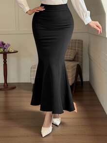 DAZY Rok Wanita Elegan Warna Polos dengan Potongan Ekor Ikan, Cocok untuk Kencan - Hitam - View 3