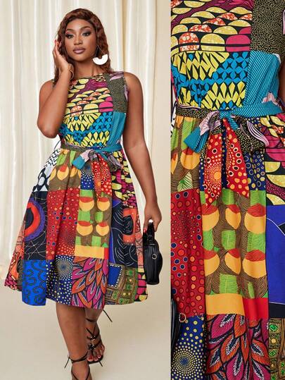 Villa Velisse Đầm nữ cỡ lớn không tay cổ tròn in họa tiết châu Phi, đầm nhiều màu sắc in ngẫu nhiên, đầm in họa tiết châu Phi, đầm nhiều màu sắc dành cho nữ.
