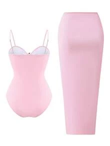 Swim Oasis 2件套女士夏季纯色吊带海星装饰长裙高端泳装套装 - 粉色 - 查看 4