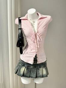 Women's Fashion Casual/Work Commute Tie-Up Embroidered Floral Blouse - Pink - View 3