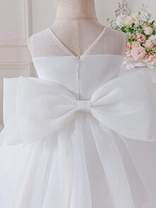 Glamorique Kids 女婴优雅无袖露背白色缎面A字连衣裙，饰有百合花和蝴蝶结，适合洗礼、花童等场合，四季皆宜。 - 白色 - 查看 3
