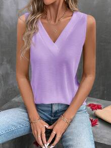 Zayélia Women's Solid Color V-Neck Casual Versatile Tank Top - Purple - View 5