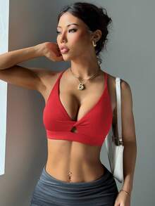 Slayform Women's Solid Color Twist Strap Comfortable Breathable Hollow Out Sports Bra - Red - View 5