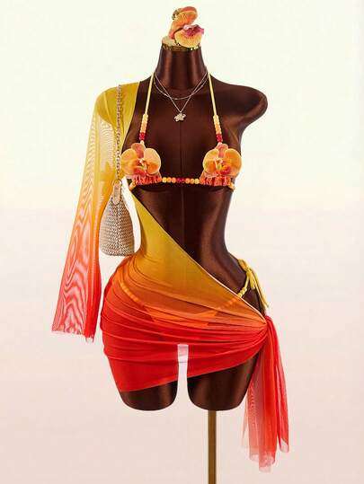 Amplova Women's Swimsuit Set With Floral Bust Detail, Sexy And Avant-Garde, Suitable For Holiday Wear, Sexy Mini Set, Beach Resort, Pink Floral 3D Flower