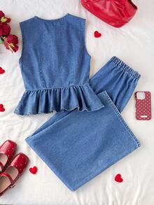 SHEIN Comfortcana Bộ đồ nữ phong cách thường ngày thoải mái, thích hợp cho kỳ nghỉ, đi làm, gồm áo denim không tay thắt nút phía trước và quần denim ống rộng, thích hợp cho mùa hè. - Rửa trung bình - Xem 2