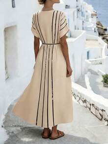 SHEIN Holidaya Vestido de mujer de manga larga y corta con cuello en V a contraste, decoración con lazo en la cintura, vestido casual holgado, vestido elegante para vacaciones, adecuado para primavera y verano - Caqui - Ver 2