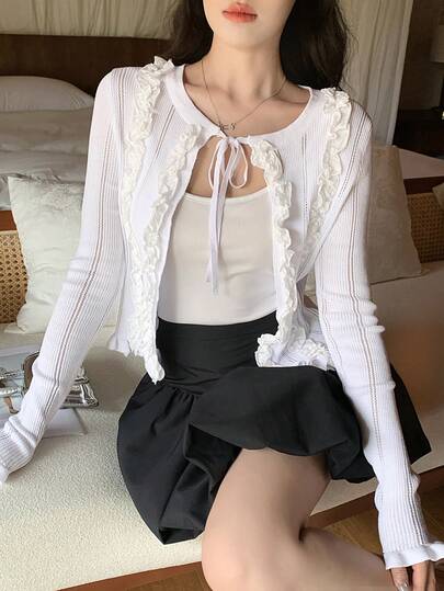 DAZY Cárdigan de punto casual de verano con cordones, de manga larga y corto, de unicolor, para vacaciones