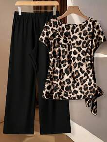 SHEIN Clasi Elegant 2pcs Set:Leopard Print Short Sleeve Shirt & Black Pants, Casual Vacation Outfit For Plus Size Women Suitable ,Holiday Outfits - Multicolor - View 2
