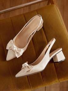 Eladyva Women's Bow Decor Chunky Heel Pointed Toe Slingback Pumps, Elegant Comfortable Daily Wear Versatile Outdoor, Commute, Party, Formal Occasion Shoes - Beige - View 2