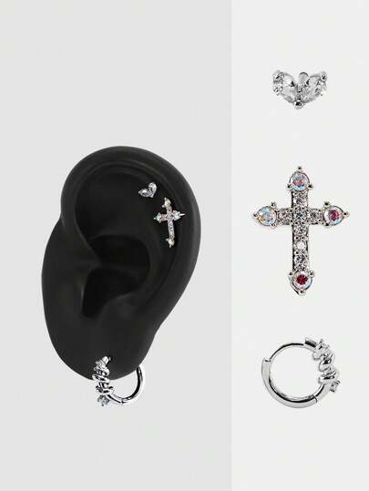 MortiRose Khuyên tai hình thánh giá bạc nhiều mảnh, thiết kế một bên, cá nhân hóa theo yêu cầu.