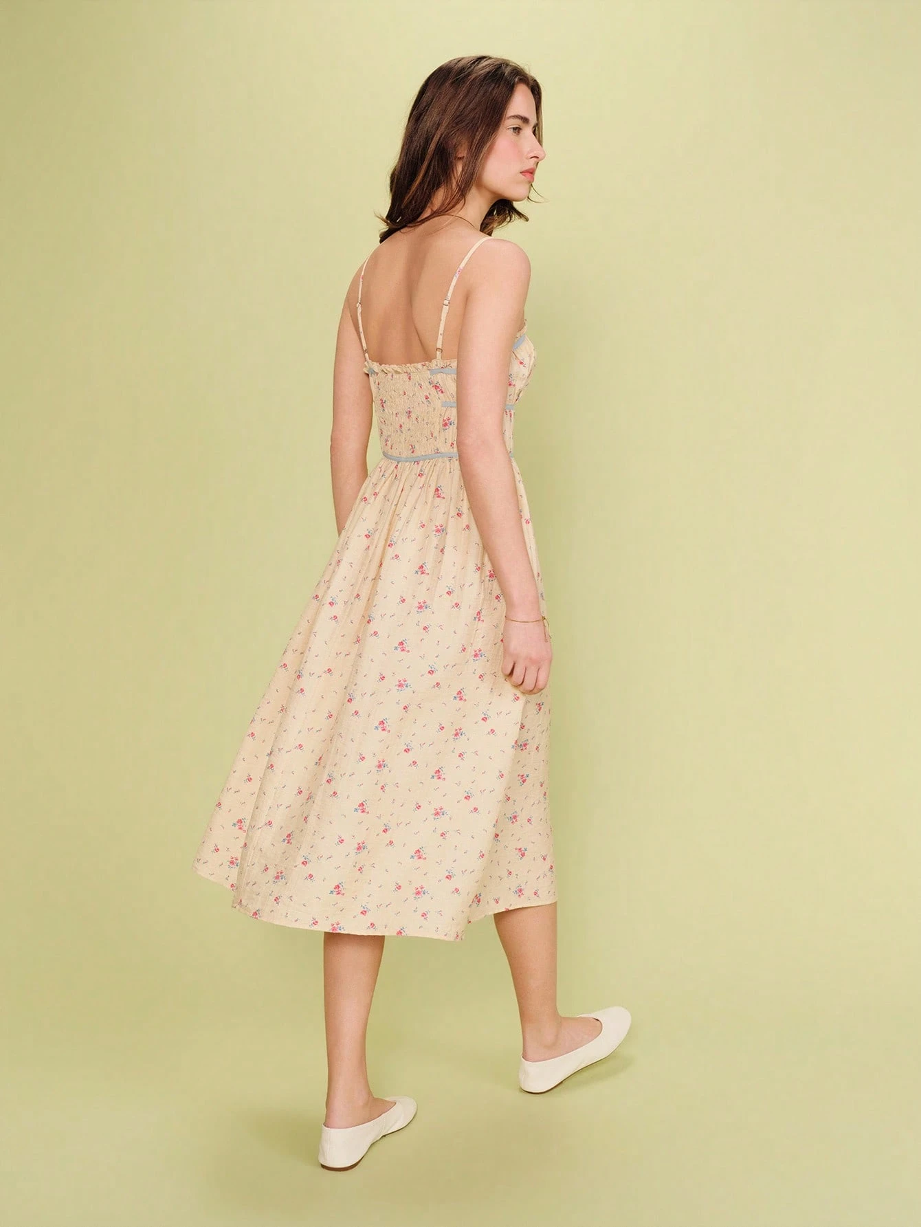 Yellow Floral Woven Midi Dress With Self Fabric Straps And Mini Ruffle Finish, Spring Summer Outings Floral Dress Summer Dress Vacation Dress