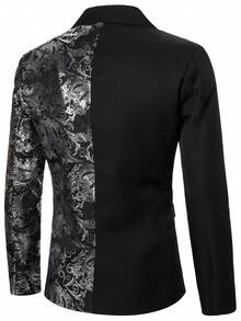 Manfinity AFTRDRK 男士花卉印花鏈條裝飾奢華長袖西裝外套，適用儀式與正式場合 - 黑色 - 查看 2